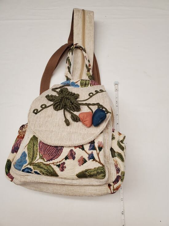 None Handbags - Boho Tapestry Mini Backpack Floral Embroidered Macrame Flower Accent